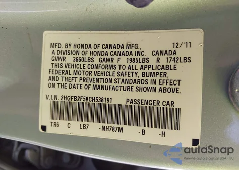 2012 Honda Civic Lx из США, поврежденный, VIN 2HGFB2F58CH538191